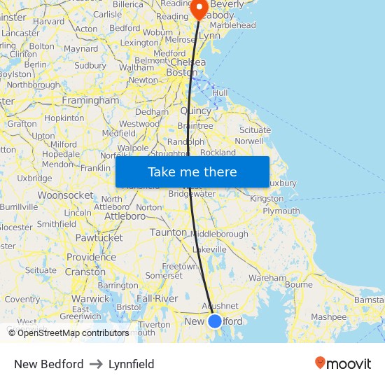 New Bedford to Lynnfield map