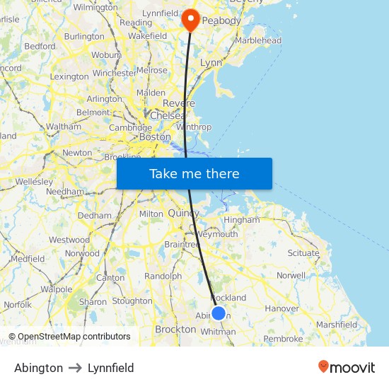 Abington to Lynnfield map