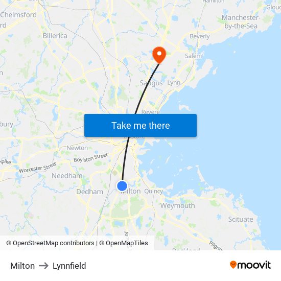 Milton to Lynnfield map