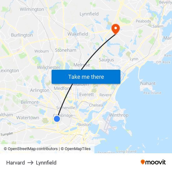 Harvard to Lynnfield map