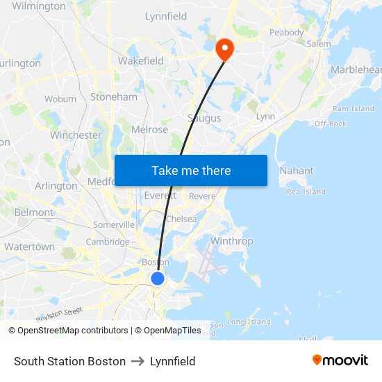 South Station Boston to Lynnfield map