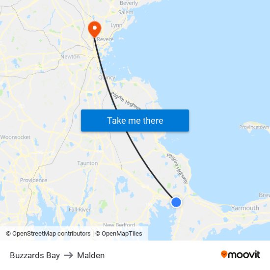 Buzzards Bay to Malden map