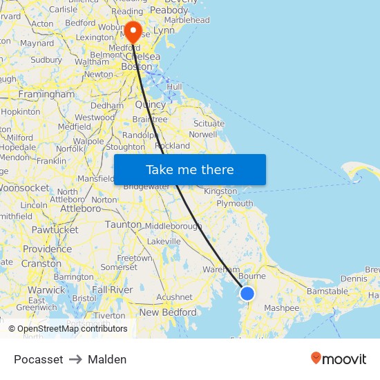 Pocasset to Malden map