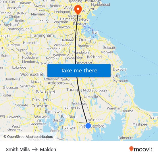 Smith Mills to Malden map