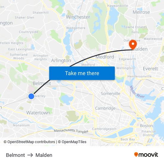 Belmont to Malden map