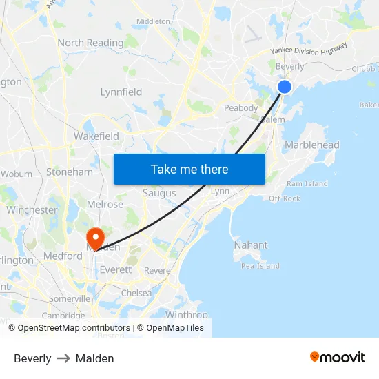 Beverly to Malden map
