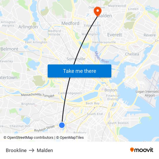 Brookline to Malden map