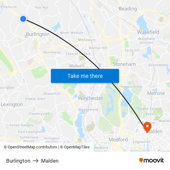 Burlington to Malden map