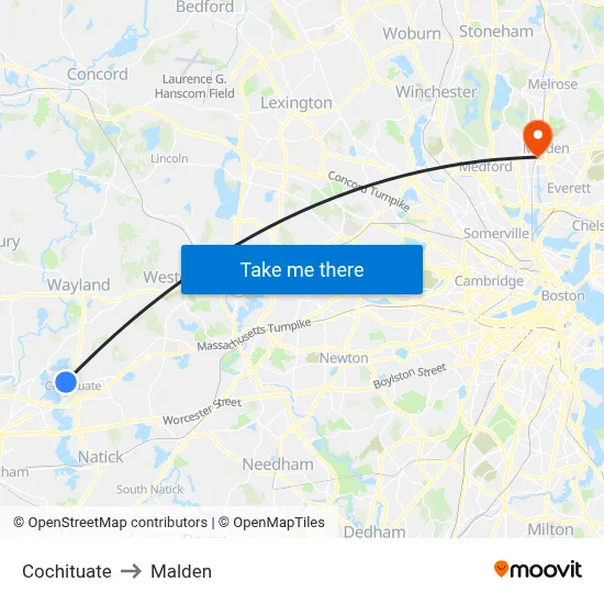 Cochituate to Malden map
