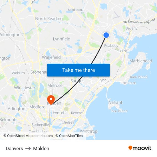 Danvers to Malden map