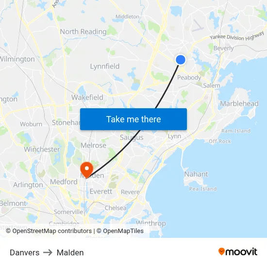 Danvers to Malden map