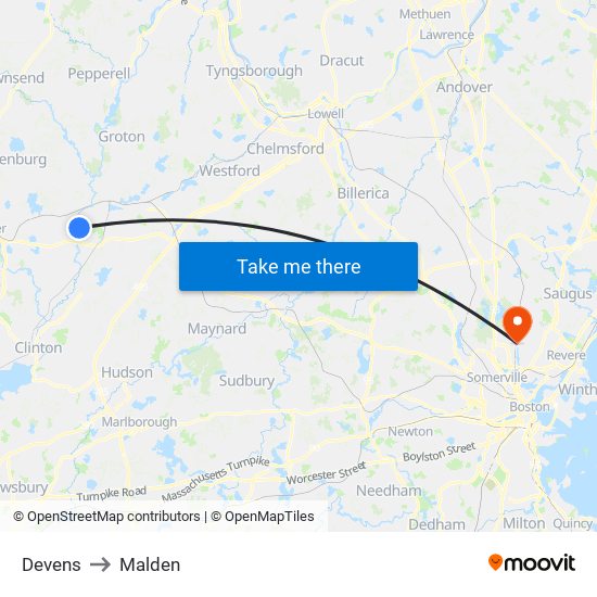 Devens to Malden map