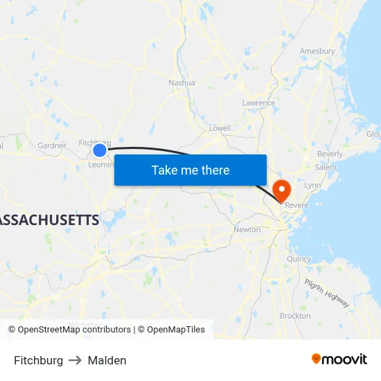 Fitchburg to Malden map