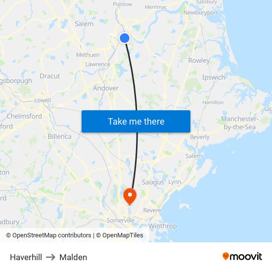 Haverhill to Malden map