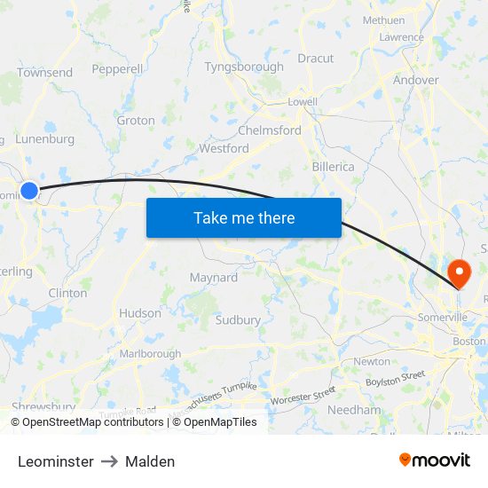 Leominster to Malden map