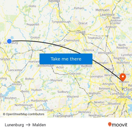 Lunenburg to Malden map