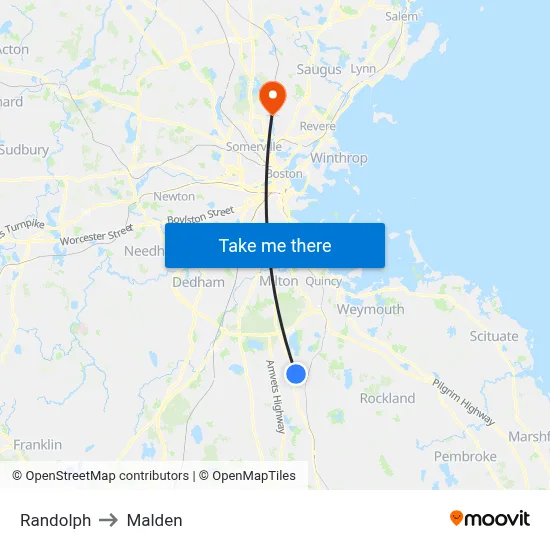 Randolph to Malden map