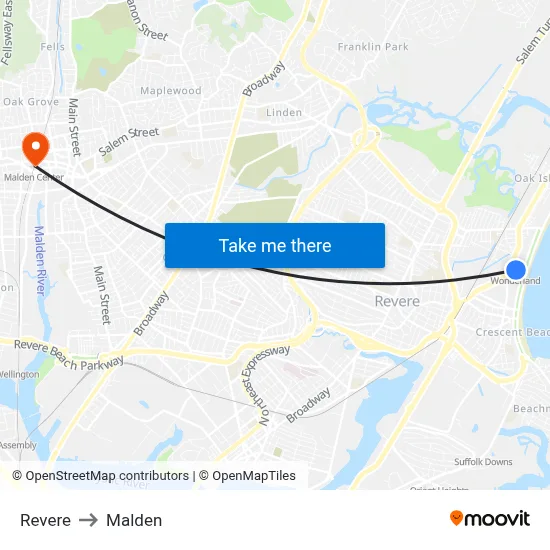 Revere to Malden map
