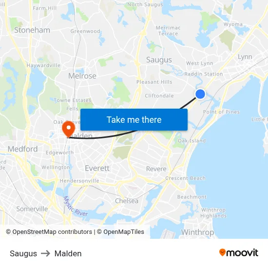 Saugus to Malden map