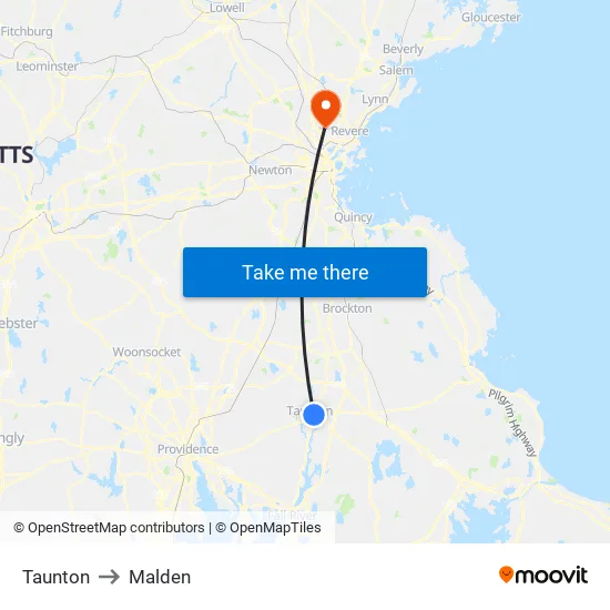 Taunton to Malden map