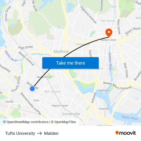 Tufts University to Malden map