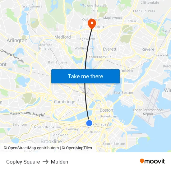 Copley Square to Malden map