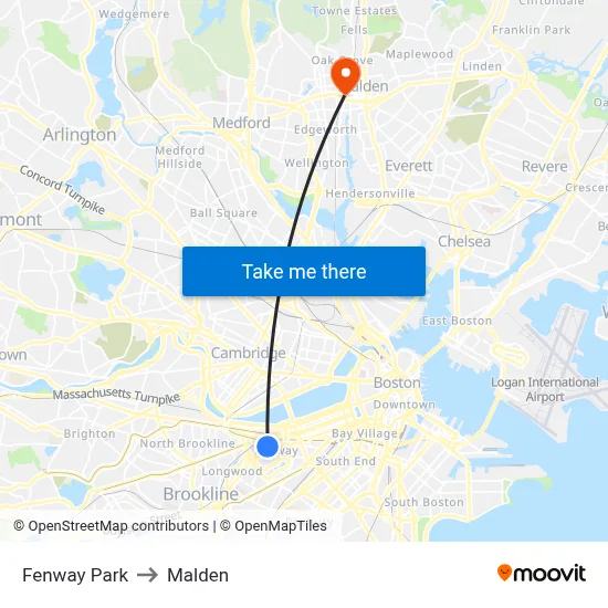 Fenway Park to Malden map