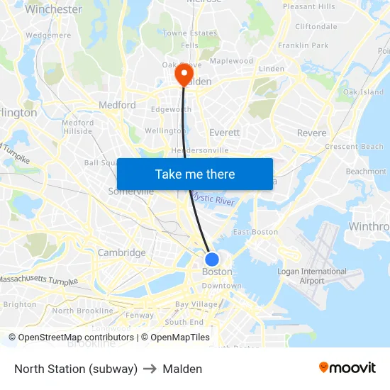 North Station (subway) to Malden map
