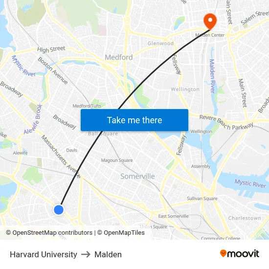 Harvard University to Malden map