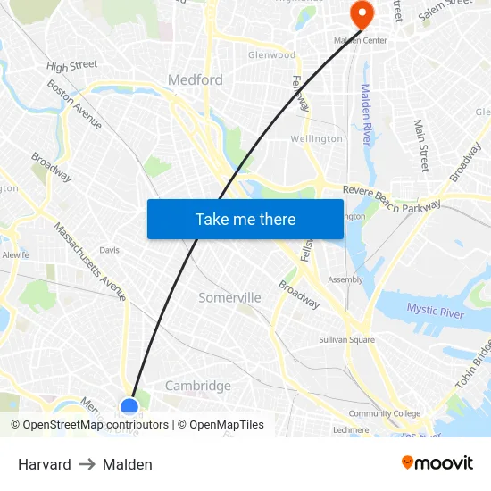 Harvard to Malden map
