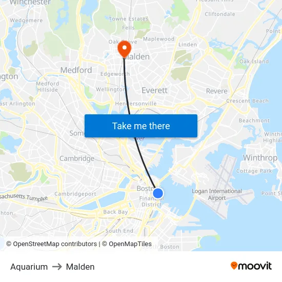Aquarium to Malden map