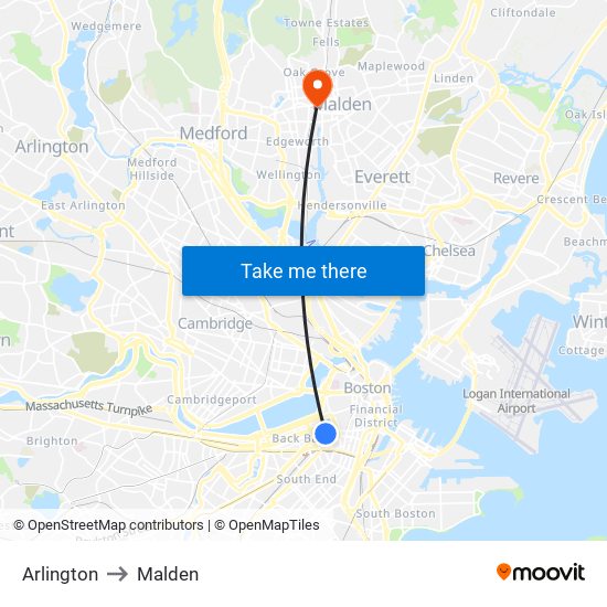 Arlington to Malden map