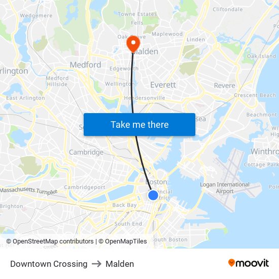 Downtown Crossing to Malden map