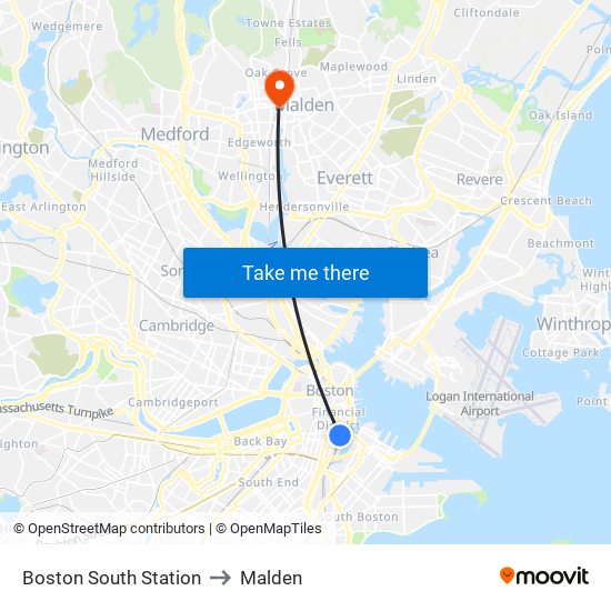 Boston South Station to Malden map