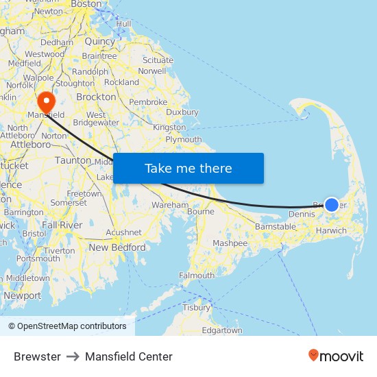 Brewster to Mansfield Center map