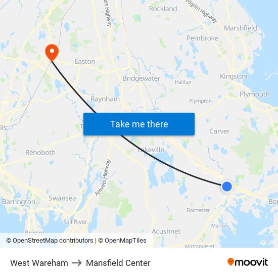 West Wareham to Mansfield Center map