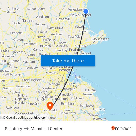 Salisbury to Mansfield Center map