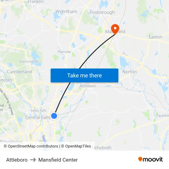 Attleboro to Mansfield Center map