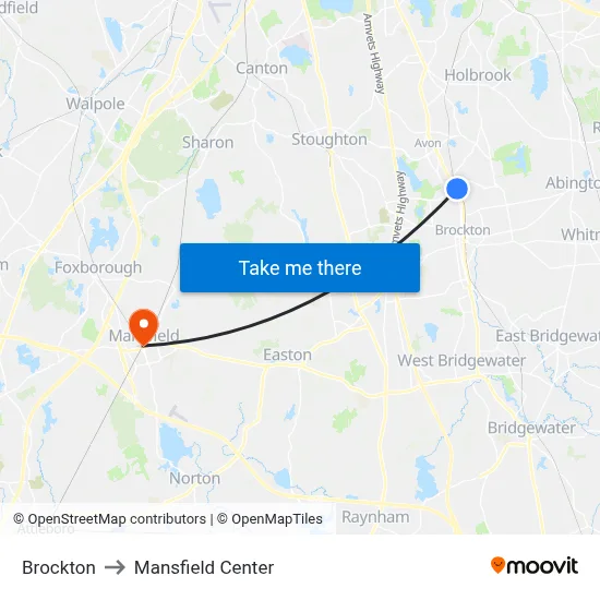 Brockton to Mansfield Center map