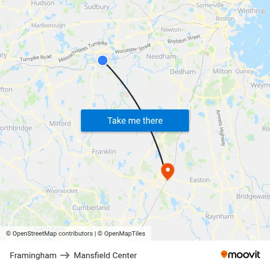 Framingham to Mansfield Center map