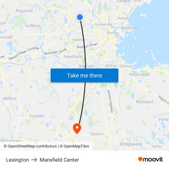 Lexington to Mansfield Center map