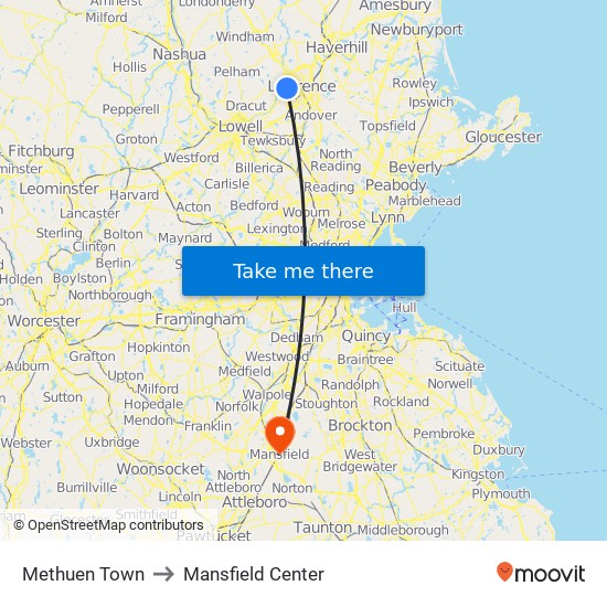 Methuen Town to Mansfield Center map