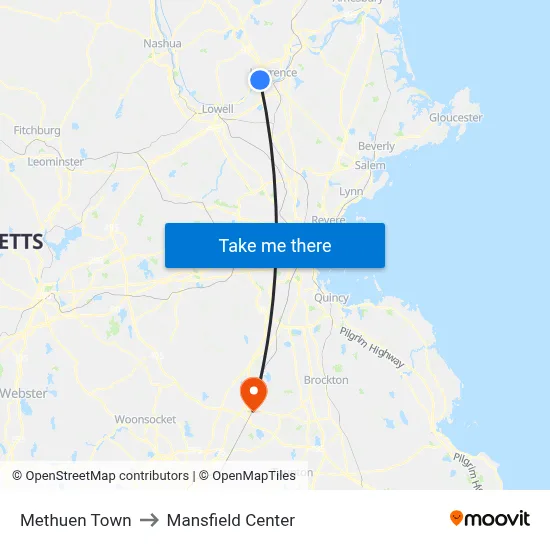 Methuen Town to Mansfield Center map