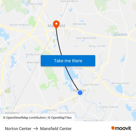 Norton Center to Mansfield Center map