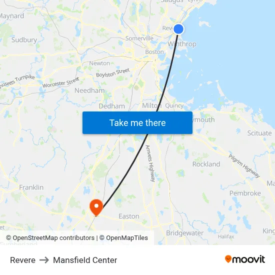 Revere to Mansfield Center map