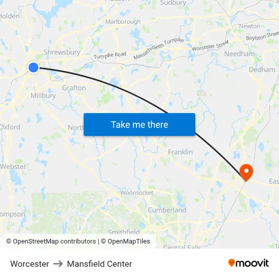 Worcester to Mansfield Center map
