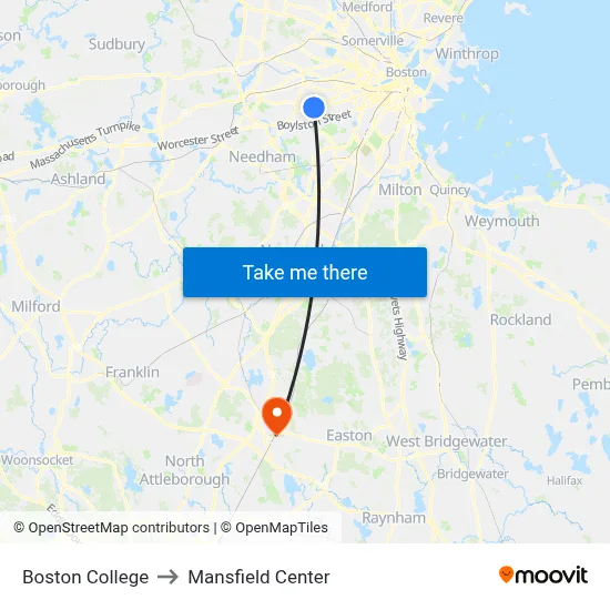 Boston College to Mansfield Center map
