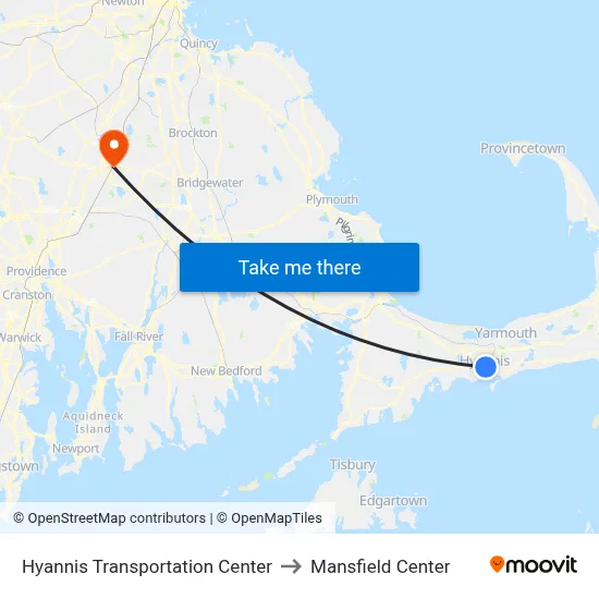 Hyannis Transportation Center to Mansfield Center map