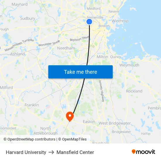 Harvard University to Mansfield Center map