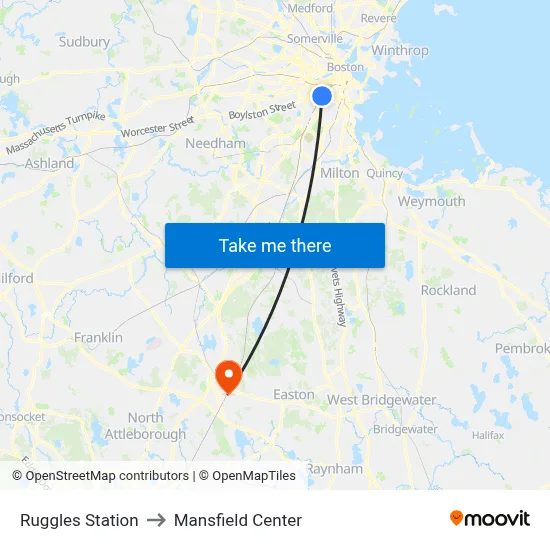 Ruggles Station to Mansfield Center map